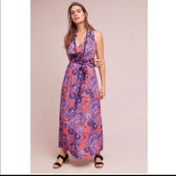Anthropologie Maeve Macie Maxi Dress, Sleeveless Floral Red Orange Purple, Sz 14 - Picture 1 of 8